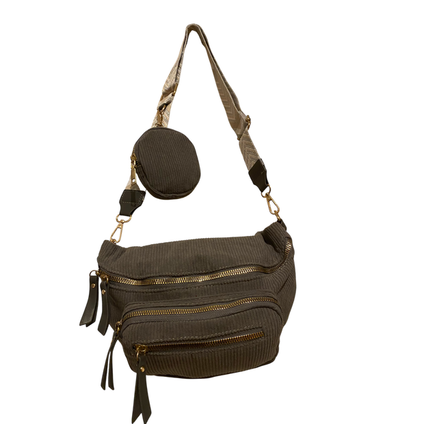 Sac Banane en Velours Côtelé Gris – Chic et Moderne